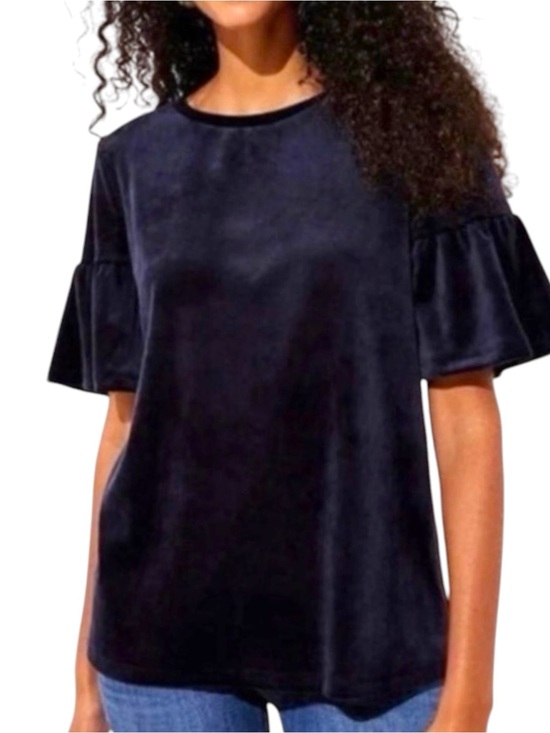 LOFT Tops - Ann Taylor LOFT Sz SMALL Navy Blue Velvet Ruffle Short Sleeve Blouse Top